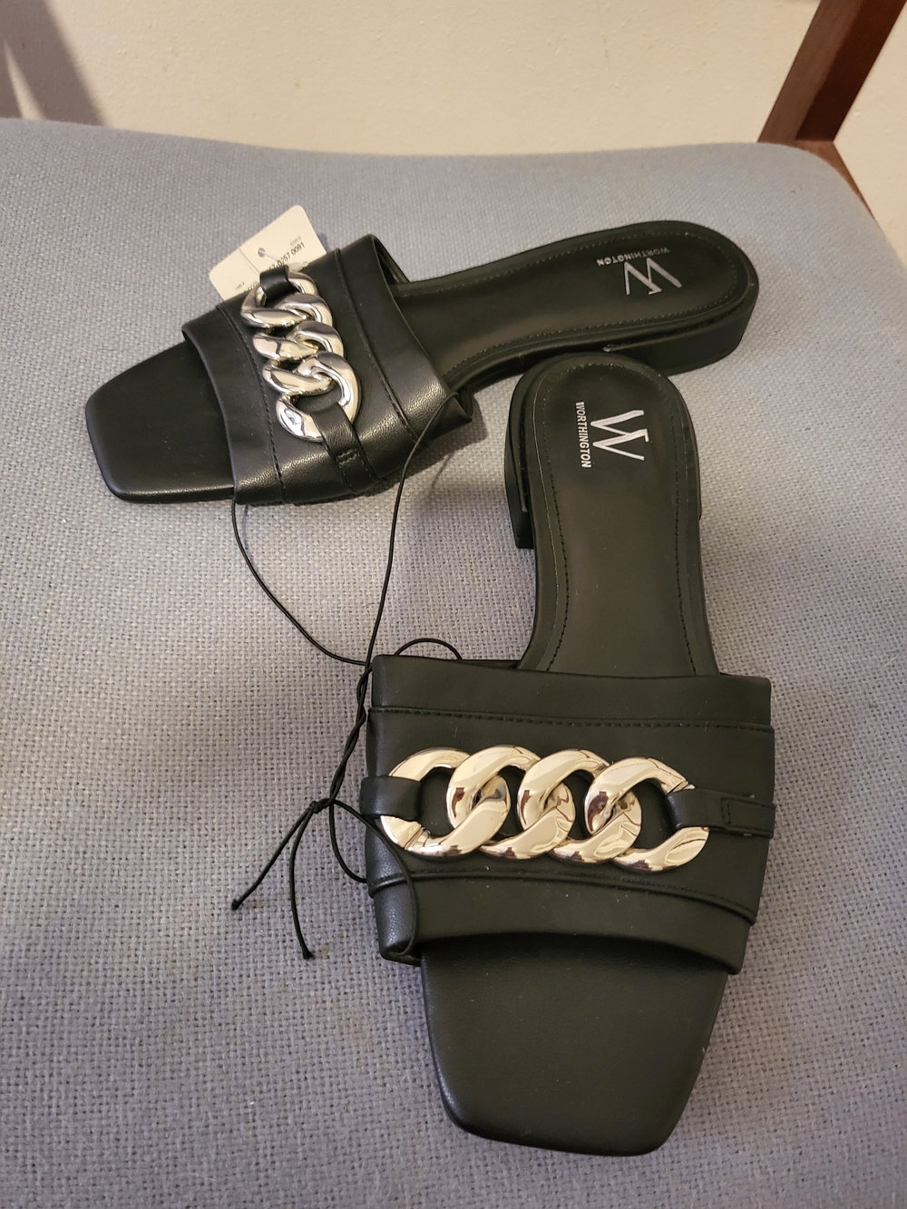 NWT Worthington  Black Chain-Accent Slide Sandals